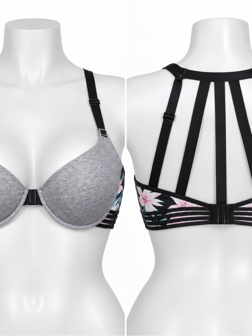 PINK Victoria's Secret Strappy Floral-Back Bra in Gray and Black